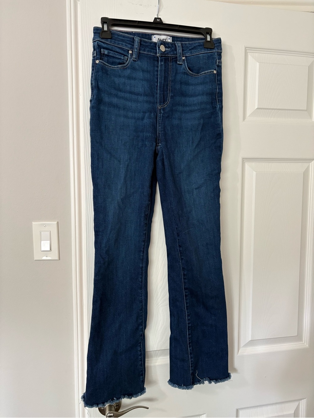 PAIGE Claudine High Rise Cropped Flare Jeans 26 Dark Wash Raw Hem Premium Denim